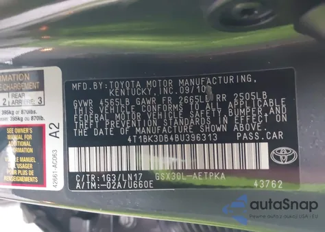 2011 Toyota Avalon Limited из США, поврежденный, VIN 4T1BK3DB4BU396313